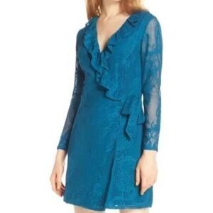 Lilly Pulitzer Size M Tiki Wrap Ruffle Romper Teal Lace Overlay Dressy Cocktail